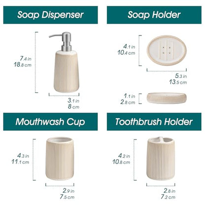 vancasso Ceramic Bathroom Accessories Set 4 Piece, Soap Dispenser with Stainless Steel Pump, Toothbrush Holder, Tumbler and Soap Dish, Modern Relief Design, Bathroom Decor Organizer, Beige-White - style: Beige-White