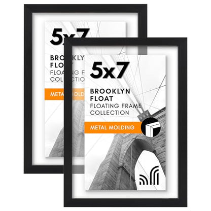 Americanflat 5x7 Floating Picture Frame 2-Pack - Metal - Black | Photo floats between two shatter-resistant glass panels, also fits a 4x6 photo with a floating border