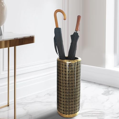 ZOEJADE 18" High Black Gold Umbrella Stand Entryway Walking Stick Holder | Minimalist Luxury Ceramic Umbrella Stand Porcelain Floor Vase for Entryway Porch Indoor Holds Canes and Walking Sticks