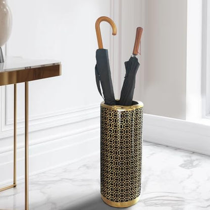 ZOEJADE 18" High Black Gold Umbrella Stand Entryway Walking Stick Holder | Minimalist Luxury Ceramic Umbrella Stand Porcelain Floor Vase for Entryway Porch Indoor Holds Canes and Walking Sticks