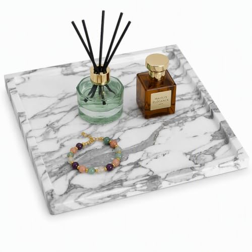 Natural Marble Vanity Tray, Square Marble Storage Tray | Decorative Organizer for Bathroom Sink & Kitchen. Plate Holder, Candles, Perfume & Jewelry, Gifts for Luxury Home Decor - color: 033-arabescato, size: 9.8" x 9.8" x 0.7"