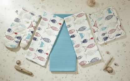 Summer Nautical Kitchen Pot Holder Oven Mitt Dish Towel Set: Coastal Ocean Sealife Navy White Red Fish Design, 5 pc Set (Fish) - color: Fish Set