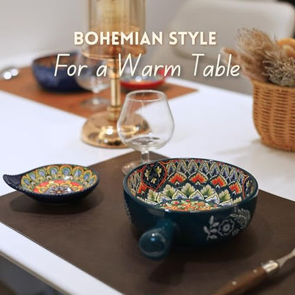 Bohemian Soup Bowls with Handles, 22 Oz French Onion Soup Crocks | Ceramic Soup Bowls for Cereal, Pasta, Chili, Chowder & Stew, Microwave, Dishwasher & Oven Safe, Bowls Set of 4