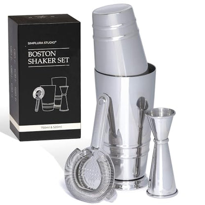 Premium 4-Piece Boston Cocktail Shaker Set w/Hawthorne Strainer & Japanese Jigger, Stainless Steel 304- Weighted Cocktail Set - Boston Shaker Set - Bartender Shaker - Shaker for Cocktails