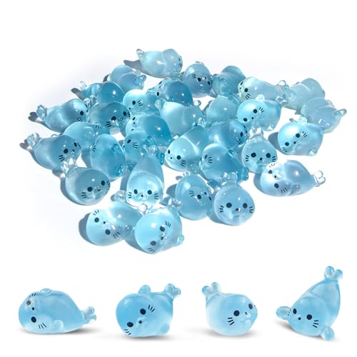 32Pcs Glow in Dark Mini Resin Seal Figurines - 4 Styles Luminous Sea Animals for Terrarium Decor, Fairy Garden, Aquarium, Small Resin Animals with Storage Box