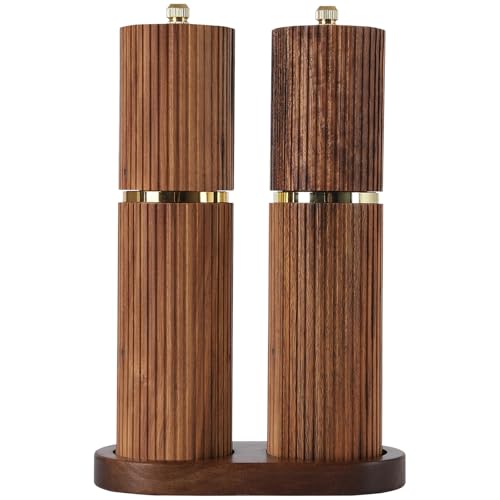 Wooden Salt and Pepper Grinder Set, Refillable Salt and Pepper grinder with adjustable Coarseness, Acacia Wood pepper mill manual, Salt and Pepper Shakers Matching Wooden tray-Ideal for Gifting - color: BURLYWOOD