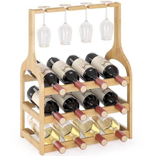 Bamboo Small Wine Rack Countertop, Freestanding Bottle Storage Holder | 12 Wine Bottles and 4 Glass Holder | Wooden Wine Storage Organizer Shelves for Kitchen Bar, Cellar, & Dining Room | Natural - color: Natural With Glass Holder