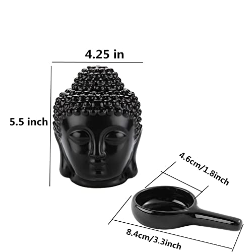 Ceramic Buddha Head Essential Oil Burner with Candle Spoon for Yoga Spa Bedroom Home Decoration, Aromatherapy Wax Melt Burners Oil Diffuser Tealight Candle Holder (Black)