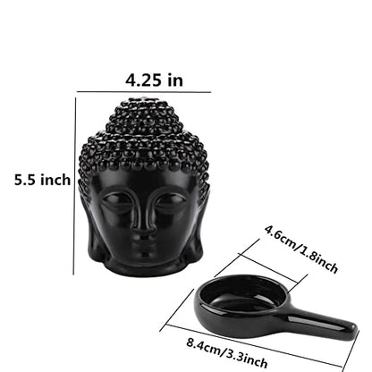 Ceramic Buddha Head Essential Oil Burner with Candle Spoon for Yoga Spa Bedroom Home Decoration, Aromatherapy Wax Melt Burners Oil Diffuser Tealight Candle Holder (Black)