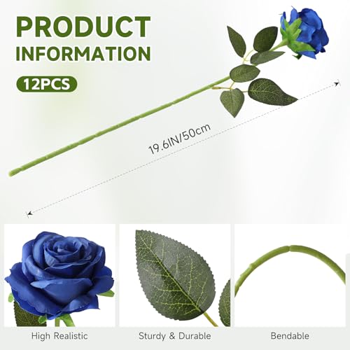 Tifuly Royal Blue Roses Artificial Flowers -12 pcs Realistic Single Long Stem Fake Silk Roses Bouquet for Party Home Wedding Centerpiece Office DIY Decor | 12 pcs Realistic Single Long Stem Fake Silk Roses Bouquet for Party Home Wedding Centerpiece Office