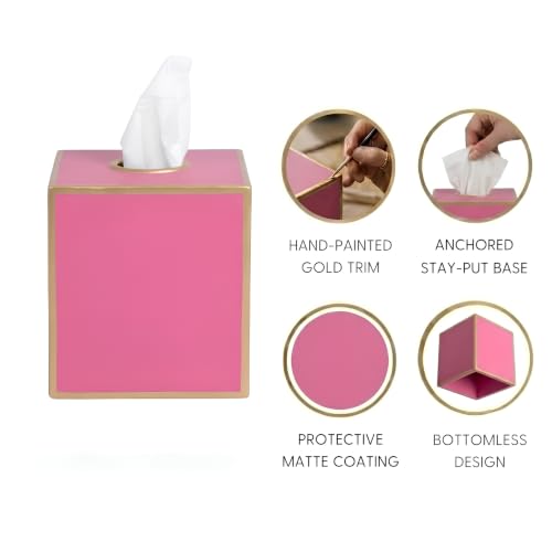 Jaye's Studio Pink Tissue Box Cover, Cute Square Metal Cube for Bathroom | Matte Hand-Painted Finish, Fits Standard Facial Holders, Gold Trim Detail, Open Bottom, Vanity Dorm Desk Use - color: Pink