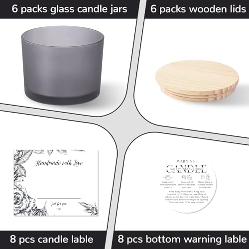 6 Pack Glass Candle Jars with Lids (16oz, Frosted Grey) - Large Candle Jars for 3 Wick Candles Making - Empty Candle Jars Containers - Candle Making Accessories Include 16Pcs Candle Labels - color: Frosted Grey