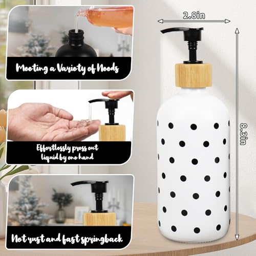 Whaline Dot Soap Dispenser Set Glass Soap Dispenser with Pump and Wooden Tray Refillable Liquid Container for Hands Dishes Party Home Kitchen Bathroom Decor (Black & White)