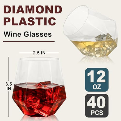 Goodluck 40 PCS 12oz Diamond Stemless Clear Plastic Wine Whiskey Glasses | Disposable Cocktail Glasses, Suitable for Weddings, Birthday Parties, Family Gatherings, Bars, etc - color: Clear