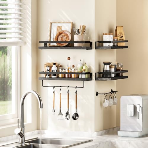 Amada Bathroom Shelves with Towel Bar, Set of 2, Black | Floating Shelves with Detachable Towel Bar, Protective Metal Guards, Paulownia Wood, Bathroom, Living Room & Kitchen Storage - color: Black