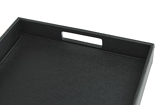 HofferRuffer Rectangle Serving Tray with Hole Handles for Coffee Table, Breakfast, Tea, Food, Butler - Countertop, Kitchen, Vanity Serve Tray, 16.2 x 12.2 x 2 inches, Faux Leather Tray (Black) - color: Black