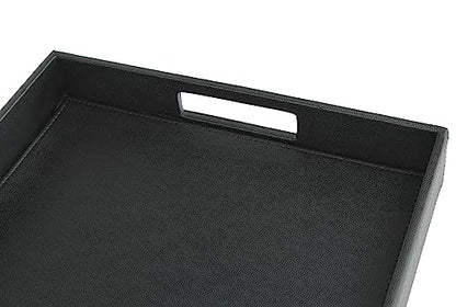 HofferRuffer Rectangle Serving Tray with Hole Handles for Coffee Table, Breakfast, Tea, Food, Butler - Countertop, Kitchen, Vanity Serve Tray, 16.2 x 12.2 x 2 inches, Faux Leather Tray (Black) - color: Black
