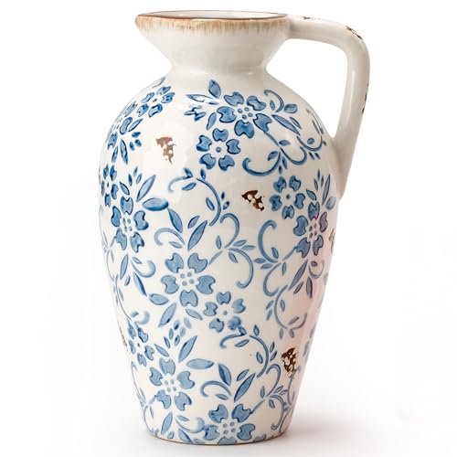 Blue-and-White Porcelain Antique Vase, 8.9 Inch Vintage Chinoiserie Floral Vase, Rustic Ceramic Vase for Home Decor, Living Room, Bookshelf, Office, Entryway, Garden, Chinoiserie Decor, Tuscan Decor - color: Blue-and-white- 8.9"
