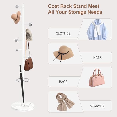 Coat Rack Stand, White Metal Coat Rack Freestanding with 8 Hooks | Coat Rack with Natural Marble Base,Modern Coat Hanger Stand, 3 Adjustable Coat Clothes Tree Stand for Office - color: White-8 Ball Hooks