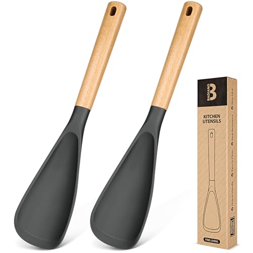 Cooking Spoon for Nonstick Cookwares, Great for Cooking and Serving Sturdy BPA-Free Matte Silicone, Wood Handle Spoon for Mixing, Scoop, and Scrape (2 Pack of Grey, 13.4 inch) - color: 2 Pack of Grey, size: 13.4 inch