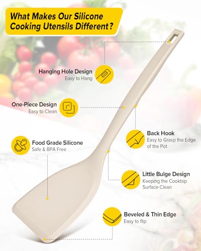 Pack of 4 Silicone Cooking Utensils Set, Non Stick Solid Spatulas and Heat Resistant Slotted Spoons with Back Hooks, Ideal BPA Free Kitchen Utensils Set for Frying,Serving,Turning,Stirring(KHAKI) - color: Khaki