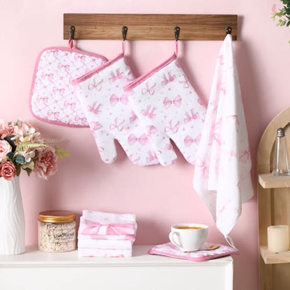 Teenyyou 8 Pcs Pink Bows Kitchen Towels Pot Holders and Oven Mitt Set Coquette Kitchen Accessories 4 Dish Towels 2 Absorbent Square Potholders 2 Heat Resistant Glove for Cooking Baking Home Gifting - style: Bow
