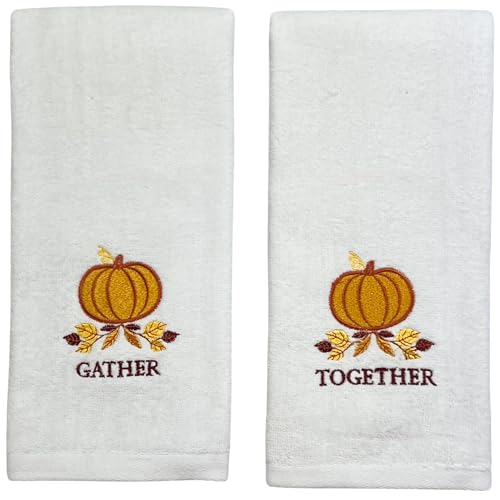 Fall Bath Hand Towels: Ivory Cotton Towels with Pumpkin and Leaf Embroidery for Home Bathroom Décor and Everyday, 2 Piece Set, 16" x 28" Inch - color: Harvest Pumpkin