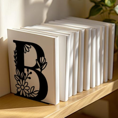 5.3"x4.3"x7.1" Metal Bookends, Heavy Duty Book Ends for Shelves | Letter B with Flower Theme Cast Iron Book Supports, 1 Pair Decor Stoppers for Desk, Library, Office & Home Shelves - style: Letter B with Flower