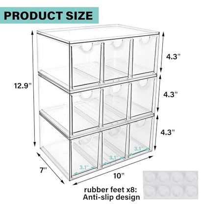 Prsildan Craft Art Supply Organizer Stackable Storage Drawer with 9 Drawers | Clear Acrylic, Tea Bag K Cup Organizer, for Kitchen Office Desk Vanity Makeup Organizer, 3 Pack - size: Stackable-9 Drawers