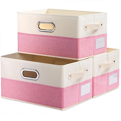 Large Collapsible Storage Baskets for Closet [3-pack] Decorative Fabric Storage Bins Cubes with Leather/Metal Handles for Shelves Bedroom Living Room Pink&Cream (14.9x9.8x8.3 Inch) - color: Pink&Cream, size: Large(3-Pack)