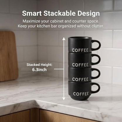 ASTRUE Matte Black Espresso Cups, 4 oz Stackable Porcelain Demitasse Coffee Mugs, Set of 4 - size: 4 oz