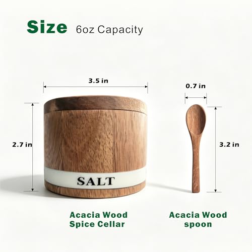ThougrLyh Salt Cellar, Acacia Wood Salt Containers with Lid for Countertop | Built-in Spoon, Magnetic Swivel Lid, Luminous Engraved SALT Label Holder, 6oz Kitchen Salt Box for Sea Salt, Pepper & Spices - color: salt cellar