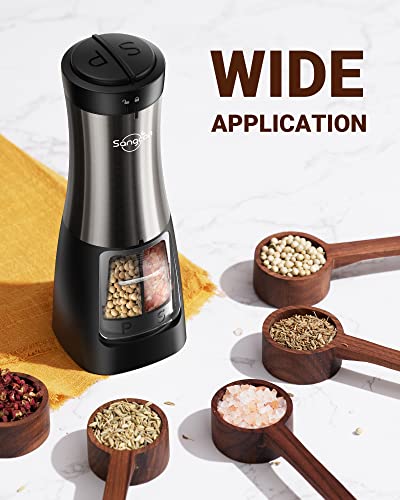 Sangcon 2-in-1 Automatic Electric Salt and Pepper Grinder with LED Light | Refillable dual 75ml chambers, 150ml capacity, one-handed buttons, adjustable coarseness, ceramic mills, battery powered - color: Battery-Operated