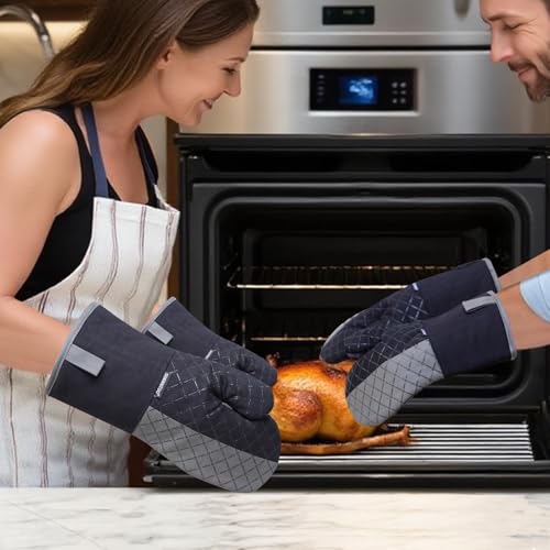 Oven Mitts and Pot Holders Sets 6pcs, Kitchen Oven Glove,High Heat Resistant 550 Degree Extra Long Oven Mitts and Potholders with Non-Slip Silicone Surface for Home Essentials (Grey) (Matte Black) - color: Black