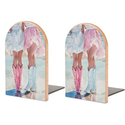 Two Women Dresses with Cowboy Boots Wooden Bookends Shelves 2 PCS Beach Preppy Sturdy Book Holders Desktop Organizer for Home Office Libraries - color: Color-1