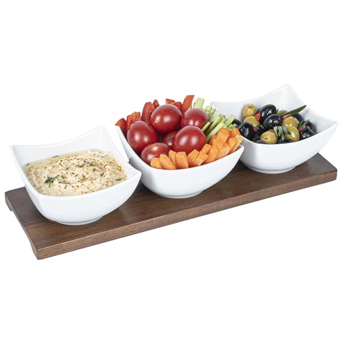 Restaurantware-15 Ounce Bowl Set with Tray - 1 Dishwashable Serving Set, Includes 3 Porcelain Bowls And 1 Bamboo Tray, Durable, White Porcelain And Bamboo Bowl And Platter Kit, Reusable, Freezable - size: Triple set, style: Cocktail
