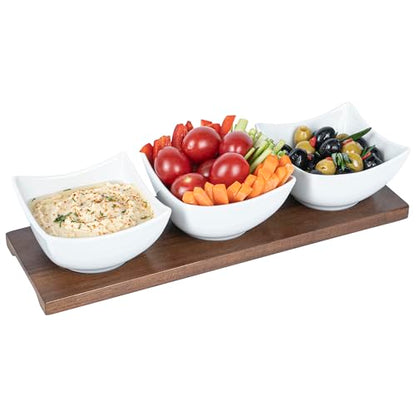 Restaurantware-15 Ounce Bowl Set with Tray - 1 Dishwashable Serving Set, Includes 3 Porcelain Bowls And 1 Bamboo Tray, Durable, White Porcelain And Bamboo Bowl And Platter Kit, Reusable, Freezable - size: Triple set, style: Cocktail