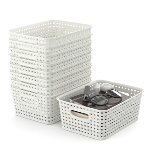 9-Packs Plastic Storage Woven Storage Baskets, Plastic Baskets with Handles, Baskets for Home and Office Organizing, White. - color: White
