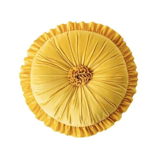 Round Velvet Ruffle Pillow,Round Throw Pillow,Boho Decorative Throw Pillow for Sofa, Bed, Chair, Car & Floor Seating,Floral Circle Cushion for Living Room, Home Decor (Yellow) - color: Yellow