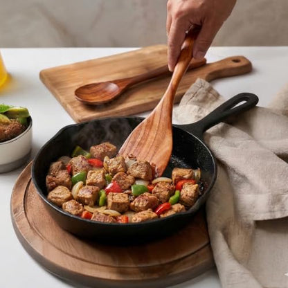 Zulay Kitchen Extra-Large 6-Piece Wooden Spoon Set - Smooth Teak Cooking Utensils - Comfort-Grip Non-Stick Turner, Spatula, Skimmer, Fork, Serving Spoon - size: 6 Piece | Large