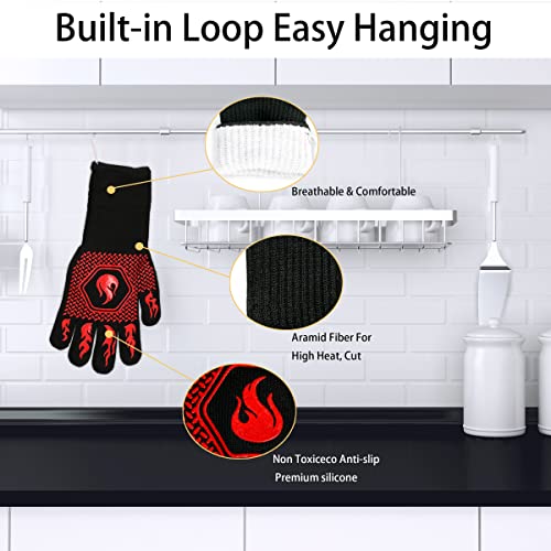 BBQ Gloves 1472F Heat Resistant Non-Slip Silicone 13.8in (Red) | Grill Cut-Resistant, Oven Kitchen Safe for Barbecue, Cooking, Frying, Oven Mitts - color: Red