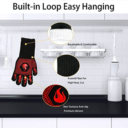 BBQ Gloves 1472F Heat Resistant Non-Slip Silicone 13.8in (Red) | Grill Cut-Resistant, Oven Kitchen Safe for Barbecue, Cooking, Frying, Oven Mitts - color: Red