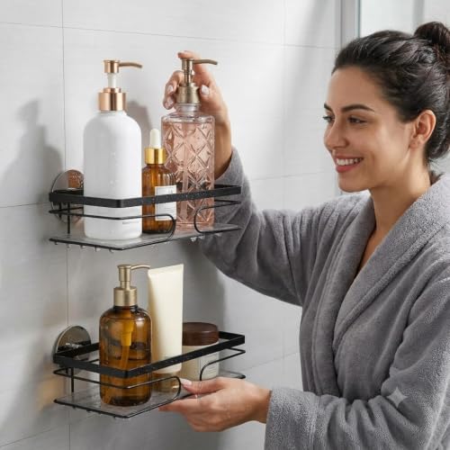 2-Pack Adhesive Shower Caddy, No-Drill Corner Shower Shelves for Bathroom | Wall-Mounted Small Storage Organizer for Shampoo, Soap & Toiletries - style: RECTANGLE
