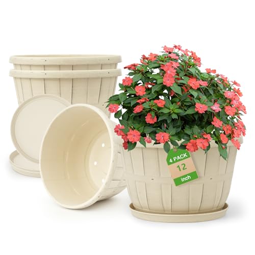Quarut 12 Inch 4 Pack Large Planters Pot for Plants Indoor Outdoor | Plastic Flower Pots with Drainage Hole & Tray, Modern Decorative Garden Pot with Saucer, Plant Container for House(Beige) - color: Beige, size: 12 inch-4 pack