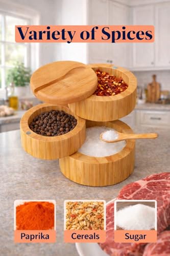 3-Tier Bamboo Salt Cellar with Magnetic Lid and Spoon, 10.15 oz | Ideal for Celtic Sea Salt, Ideal for Redmond Real Salt, Salt and Pepper Bowls