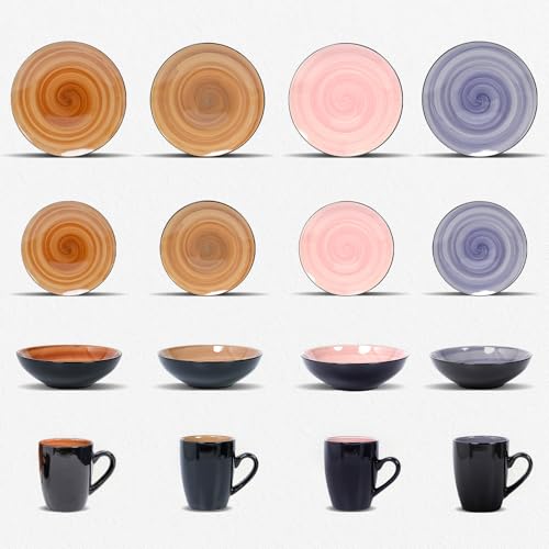 HomeVss, Sonoma 16pc Stoneware Dinnerware Set, Outside Black + Inside Hand Painting Combi Colors of Cobalt, Mocha, Rose and Spice with Speckle - color: Combi Cobalt, Mocha, Rose and Spice