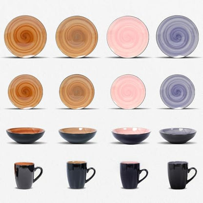 HomeVss, Sonoma 16pc Stoneware Dinnerware Set, Outside Black + Inside Hand Painting Combi Colors of Cobalt, Mocha, Rose and Spice with Speckle - color: Combi Cobalt, Mocha, Rose and Spice
