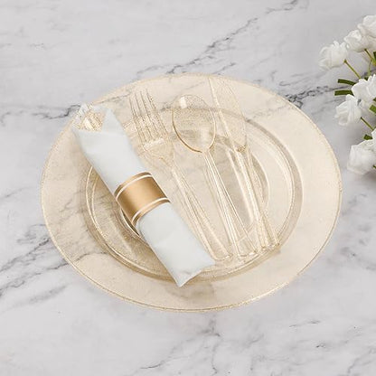 700 Piece Gold Glitter Plastic Dinnerware Set for 100 Guests | Disposable Dinnerware Includes: 100 Dinner Plates, 100 Dessert Plates, 100 Pre Rolled Napkins with Silverware, 100 Cups - color: Gold Glitter, style: 700 Piece (100 guests)