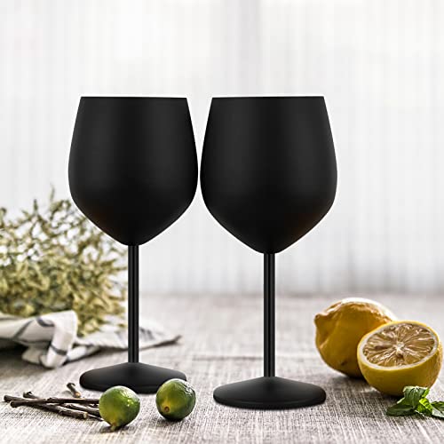 Lifecapido Stainless Steel Wine Glasses Set of 4, 18oz Stainless Steel Wine Goblets with Cup Brush, Stemmed Metal Wine Glasses for Party Office Wedding Anniversary, Great for Red White Wine (Black) - color: Black