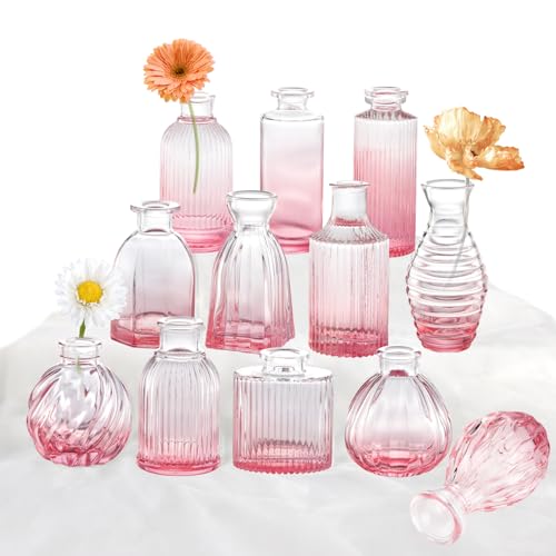Pink Vase, Glass Bud Vases Set of 12, Small Pink Glass Vases for Flowers Colored Ribbed Flower Vase for Decor Bud Vase in Bulk Vintage Decor Bridal Shower Wedding Centerpieces Home Table Decoration - color: Gradient Pink, size: 1 Pack